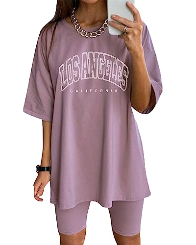 Tomwell Damen Hausanzug Rundhals Mode 2 Teile Sommer Briefdruck Jogginganzug Outfits Casual Kurzarm Trainingsanzug Frau Lose Teenager Mädchen Oversized T-Shirt + Shorts Set A Violett M von Tomwell