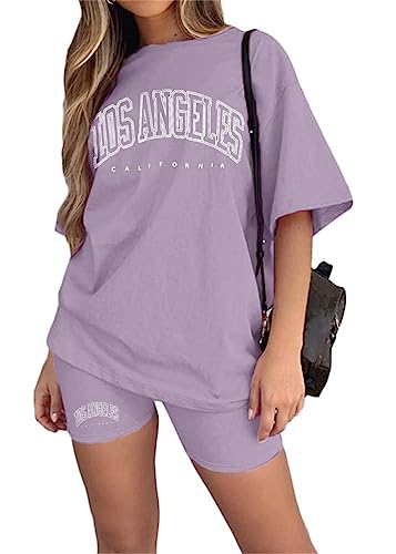 Tomwell Damen Hausanzug Rundhals Mode 2 Teile Sommer Buchstaben Druck Kurzarm Oberteile Frau Lose Teenager Mädchen Oversized Sport T-Shirt + Radlerhose Shorts Jogginganzug A Violett M von Tomwell