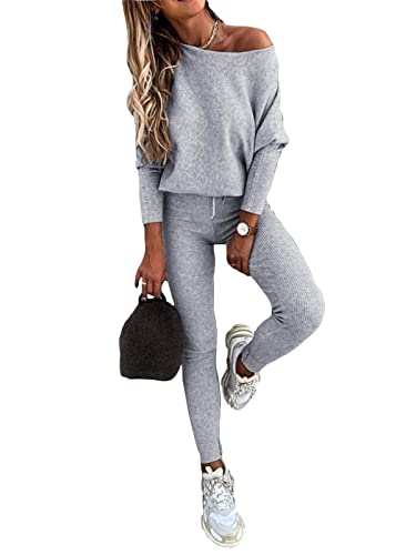 Tomwell Damen Hausanzug Schlafanzug Langarm Off Shoulder Leopardenmuster Trainingsanzug Pyjama Anzug Set Zweiteiliger Oberteil Und Hose Mit Taschen C Grau L von Tomwell