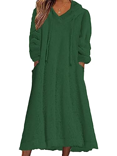 Tomwell Damen Herbst/Winter Kleid Lose Plüsch Kapuzenkleid Langes Kleid Fleece Langarm Pullover Casual Pyjama Kleid mit Taschen A Grün S von Tomwell