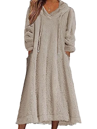 Tomwell Damen Herbst/Winter Kleid Lose Plüsch Kapuzenkleid Langes Kleid Fleece Langarm Pullover Casual Pyjama Kleid mit Taschen A Khaki L von Tomwell