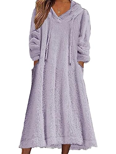 Tomwell Damen Herbst/Winter Kleid Lose Plüsch Kapuzenkleid Langes Kleid Fleece Langarm Pullover Casual Pyjama Kleid mit Taschen A Violett 3XL von Tomwell