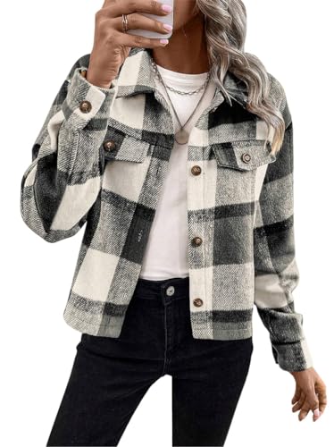 Tomwell Damen Herbst Winter Karierte Jacke Casual Oversized Hemdjacke mit Knöpfen Warme Langarmshirt Boyfriend-Stil Mantel Revers Button-Down Bluse für Alltag A Schwarz XL von Tomwell