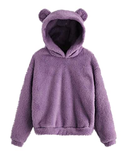 Tomwell Damen Hoodie Mit Ohren Flauschig Warm Kapuze Elegant Pullover Teenager Mädchen Winter Kapuzenpullover Frauen Langarm Sweatshirt Plüsch Fleece Einfarbig Pulli A Violett M von Tomwell