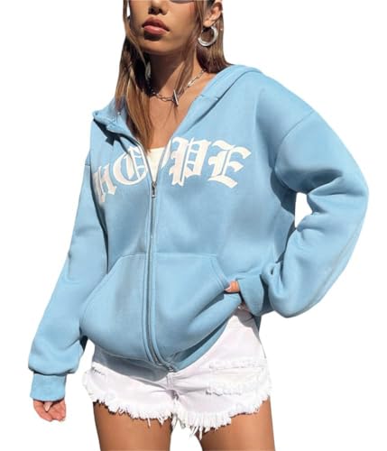 Tomwell Damen Kapuzenjacke Zip Up Hoodies Casual Los Angeles Brief Sweatshirt Oversized Kapuzenpullover mit Buchstaben Grafik Vintage Kordelzug Sweatjacke mit Kapuze Tops A Blau M von Tomwell