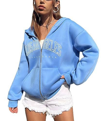 Tomwell Damen Kapuzenjacke Zip Up Hoodies Casual Los Angeles Brief Sweatshirt Oversized Kapuzenpullover mit Buchstaben Grafik Vintage Kordelzug Sweatjacke mit Kapuze Tops B Blau XS von Tomwell