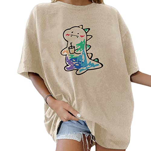 Tomwell Damen Kawaii T-Shirt Kurzarm Sport Sommer Rundhals Oversize Oberteile mit Dinosaurier Muster Druck Sweatshirt Lose Bluse Pullover Tunika Lang Teenager Mädchen Top A Aprikose XL von Tomwell