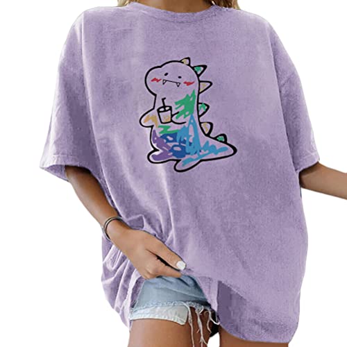 Tomwell Damen Kawaii T-Shirt Kurzarm Sport Sommer Rundhals Oversize Oberteile mit Dinosaurier Muster Druck Sweatshirt Lose Bluse Pullover Tunika Lang Teenager Mädchen Top A Violett L von Tomwell