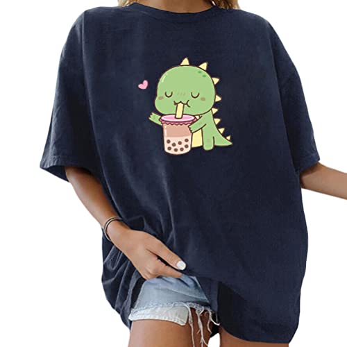 Tomwell Damen Kawaii T-Shirt Kurzarm Sport Sommer Rundhals Oversize Oberteile mit Dinosaurier Muster Druck Sweatshirt Lose Bluse Pullover Tunika Lang Teenager Mädchen Top B Marineblau XXL von Tomwell