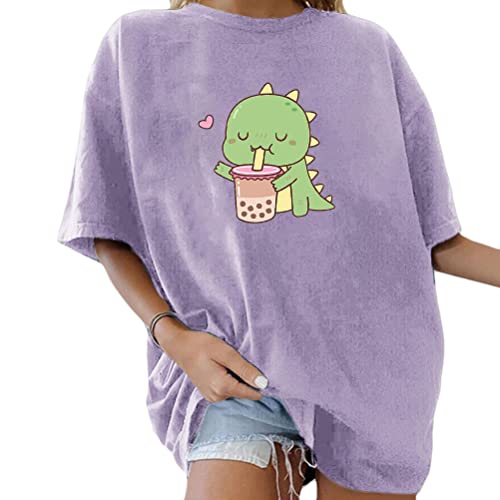 Tomwell Damen Kawaii T-Shirt Kurzarm Sport Sommer Rundhals Oversize Oberteile mit Dinosaurier Muster Druck Sweatshirt Lose Bluse Pullover Tunika Lang Teenager Mädchen Top B Violett M von Tomwell