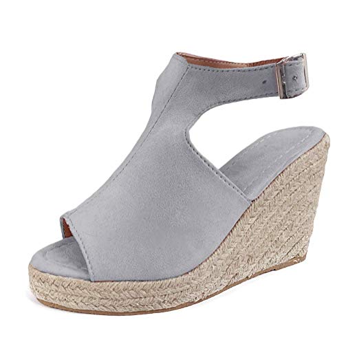 Tomwell Damen Keilabsatz Sandalen Sommer Offene Schuhe Faux Leder Casual Plattform Rom Damen Elegante Flip Flops Freizeit Grau 35 EU von Tomwell