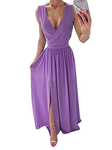 Tomwell Damen Kleid mit Schlitz V-Ausschnitt Ärmellos Retro Elegant Cocktailkleid Einfarbig Hochzeit Brautjungfernkleid Bodenlang Partykleid A Violett L von Tomwell