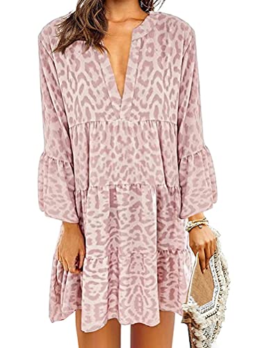 Tomwell Damen Kleider Strand Elegant Casual A-Linie Kleid Langarm Sommerkleider Boho V-Ausschnitt Quaste Tunika Mini Kleider L Rosa 3XL von Tomwell