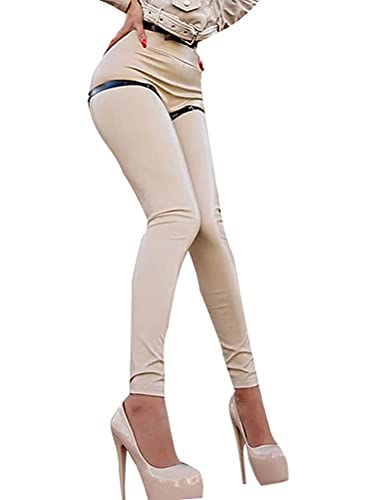 Tomwell Damen Kunstleder High Waist Leggings Skinny PU Leder Hose Leder-Optik Strumpfhosen Treggings Beige XS von Tomwell