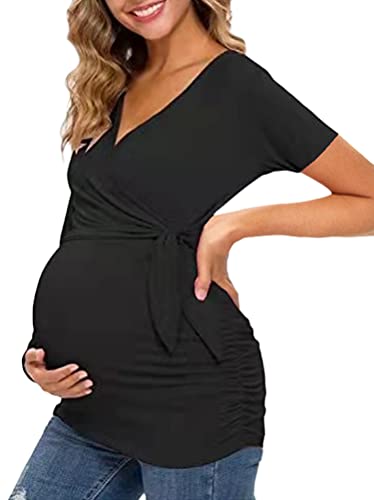 Tomwell Damen Kurzarm Umstandsshirt Mutterschaft Klassische Seite Geraffte T-Shirt Tops Mama Schwangerschaft Kleidung E Schwarz S von Tomwell