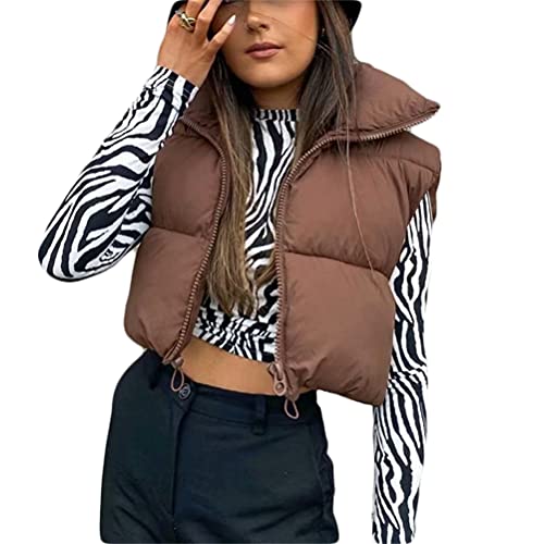 Tomwell Damen Kurze Weste mit Stehkragen Steppweste mit Reißverschluss Ärmellose Wattierte Daunenweste Winter Warm Jacke A Braun S von Tomwell