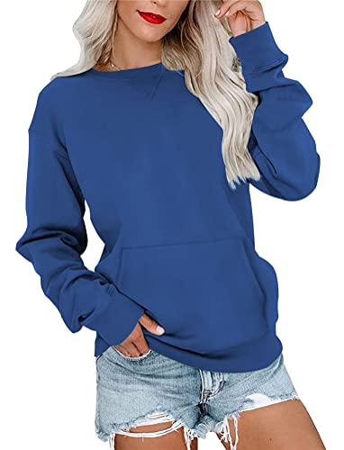 Tomwell Sweatshirt Damen Basic Rundhals Langarmshirt Herbst Winter Langarm Pullover Casual Lose Leicht Oberteile mit Tasche Shirts Elegante Tops ohne Kapuze Bluse A Blau L von Tomwell