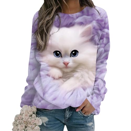 Tomwell Damen Langarmshirt Süße Katze Tier Drucken 3D Druck Katzen-Muster Gestreift Rundhals Lange Pulli Herbst Kapuzenpullover Tshirt Herbst Shirts Hemd Rundhals Pullover Z2 Violett L von Tomwell