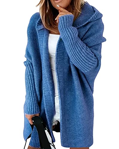 Tomwell Damen Lange Strickjacke Herbstjacke übergangsjacke Herbst Winter Kapuzenpullover mit Offenem Stich und Fledermausärmeln Strickjacke Mantel Dicke Winterjacke Blau M von Tomwell