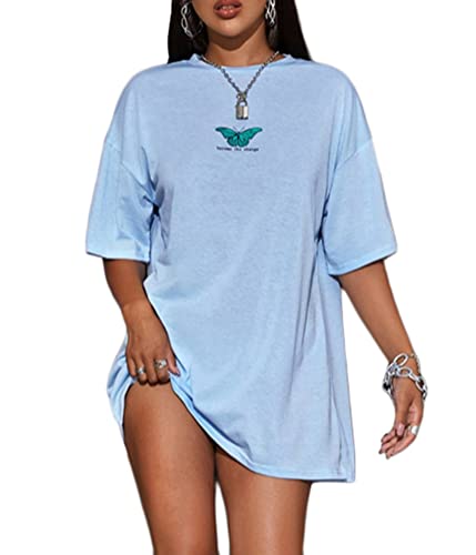 Tomwell Damen Langes T-Shirt mit Buchstaben Grafik Kurzarm Sport Sommer Rundhals Oversize Oberteile Sweatshirt Lose Bluse Tunika Lang für Teenager Mädchen Top C Blau XL von Tomwell