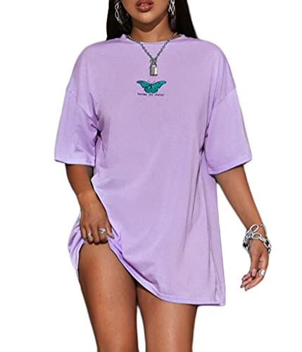 Tomwell Damen Langes T-Shirt mit Buchstaben Grafik Kurzarm Sport Sommer Rundhals Oversize Oberteile Sweatshirt Lose Bluse Tunika Lang für Teenager Mädchen Top C Violett M von Tomwell