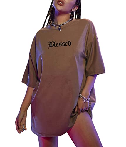 Tomwell Damen Langes T-Shirt mit Buchstaben Grafik Kurzarm Sport Sommer Rundhals Oversize Oberteile Sweatshirt Lose Bluse Tunika Lang für Teenager Mädchen Top E Braun XL von Tomwell