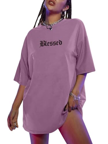 Tomwell Damen Langes T-Shirt mit Buchstaben Grafik Kurzarm Sport Sommer Rundhals Oversize Oberteile Sweatshirt Lose Bluse Tunika Lang für Teenager Mädchen Top E Violett L von Tomwell