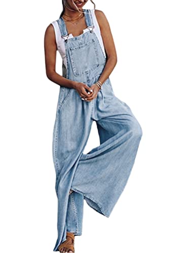 Tomwell Damen Latzhose Retro Jeanshose Hoseanzug Denim Overall Gerades Bein Zerrissen Lang Trägerhose Ärmellos Locker mit Taschen C Hellblau XL von Tomwell