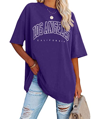 Tomwell Damen Los Angeles Brief T-Shirt Kurzarm Sport Sommer Rundhals Oversize Oberteile mit Buchstaben Druck Lose Bluse Vintage Tunika Lang für Teen Girls Top C Violett XL von Tomwell