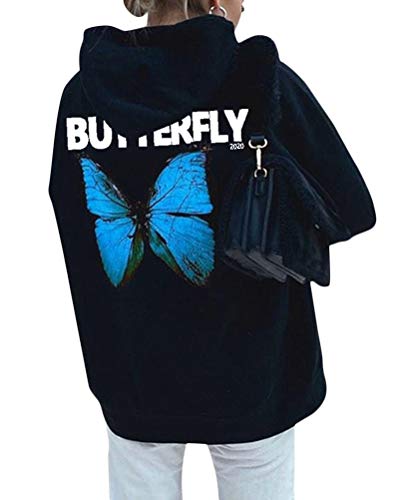 Tomwell Damen Mode Herbst Warme Frauen Hoodie Large Size Butterfly Print Hoodies Sweatshirt Lange Ärmeln Einfache Schwarz Harajuku Frauen Hoodies C Blau S von Tomwell