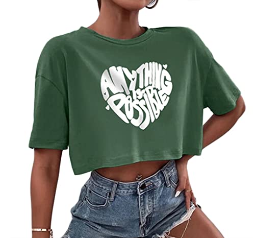 Tomwell Damen Mode Sommer Crop Top Frauen Kurzarm Ärmeln Einfache Harajuku Frauen Oberteile Lose Sweatshirt Rundhals Teenager Mädchen Bluse B Grün XS von Tomwell