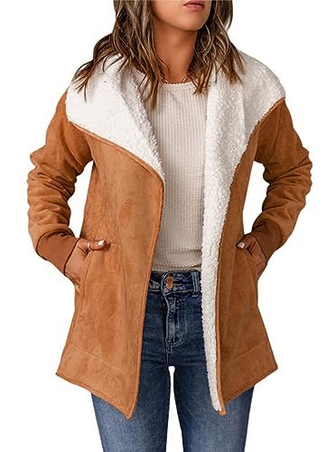 Tomwell Damen Oberbekleidung Wildleder-Jacken Übergangsjacke warme Mäntel Teddyfleece Gefüttert Einfarbig Wildleder Jacke Faux Pelz Fleece Herbst-Winter Splice-Revers A Braun L von Tomwell