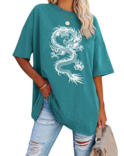 Tomwell Damen Oversized T-Shirt Kurzarm Tops Sport Sommer Rundhals Oberteile mit Drachen & Schmetterling Grafikdruck Lose Bluse Übergroße Streetwear für Teen Girls A Blau XXL von Tomwell