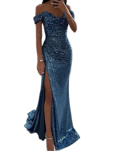 Tomwell Damen Pailletten Abendkleid Sexy Schulterfrei Hohe Taille Seitenschlitz Lang Kleid Maxikleid Elegant V-Ausschnitt Cocktailkleid Ballkleider A Blau L von Tomwell