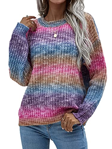 Tomwell Damen Pullover Y2K Fashion Knit Sweater Regenbogen Colorblock Rollkragenpullover Stehkragen Oversize Pulli Langarm Strickpullover Loose Tops Sweatshirts B Violett L von Tomwell