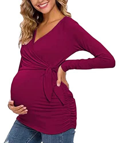 Tomwell Damen Schwanger Oberteile Kurzarm Umstandsshirt Mama Schwangerschaft Kleidung T-Shirt D Weinrot M von Tomwell