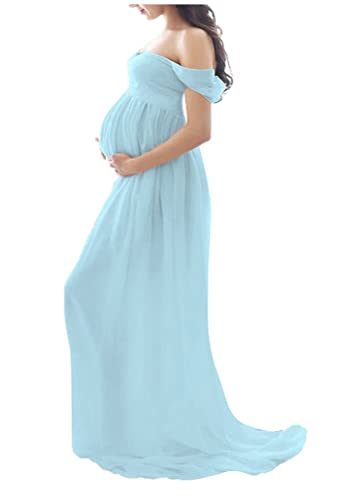 Tomwell Damen Schwangerschaftskleid Split Bodenlanges Kleid Einfarbig Elegant Fotoshooting Umstandskleider Maternity Chiffonkleid Maxi Schwangere Fotografie Kleid A Blau L von Tomwell