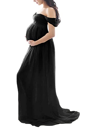 Tomwell Damen Schwangerschaftskleid Split Bodenlanges Kleid Einfarbig Elegant Fotoshooting Umstandskleider Maternity Chiffonkleid Maxi Schwangere Fotografie Kleid A Schwarz XL von Tomwell