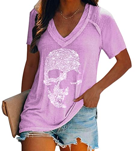 Tomwell Damen Shirt Kurzarm Basic Oberteile Löwenzahn Lang Casual Locker Pullover Einfarbig V-Ausschnitt Sommer Kurzarm T-Shirt Lose Bluse Tunika J Violett 3XL von Tomwell