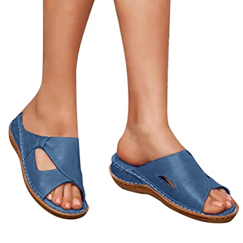 Tomwell Damen Slippers Freizeit Sandalen mit Absatz Plateau Pantoletten Leder Sommer Hausschuhe Sandalen Open Toe Schlappen Sommerschuhe Leicht Bequem Strandsandalen A Blau 41 EU von Tomwell