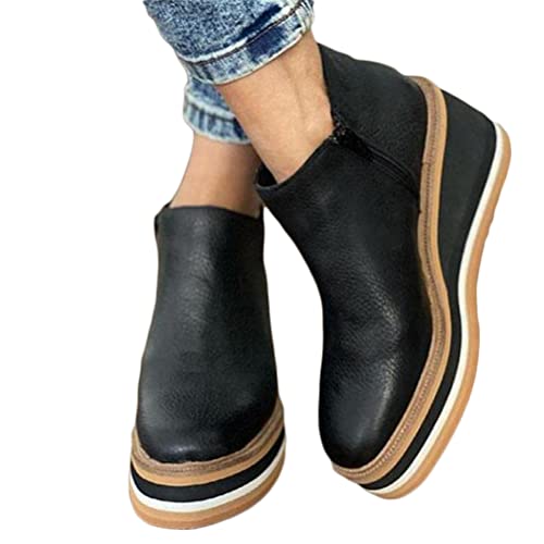 Tomwell Damen Stiefeletten Keilabsatz Ankle Boots mit Seitlicher Reißverschluss Plattform Knöchel Stiefel Kurzschaft Boots Beiläufige Wasserdichte Freizeitschuhe Bequeme Winterschuhe Schwarz 39 EU von Tomwell