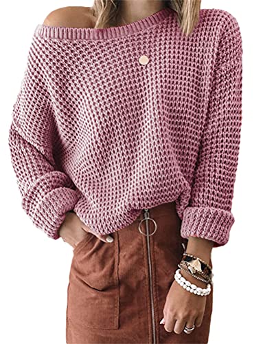 Tomwell Damen Strickpullover Langarm Elegant V-Ausschnitt Pulli Loose Oversize Einfarbig Pullover Stricken Oberteil Strickpulli Pullover A Violett L von Tomwell