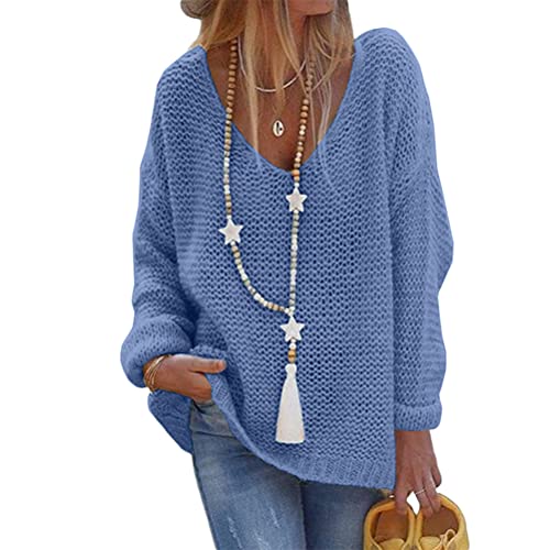 Tomwell Damen Strickpullover Langarm Elegant V-Ausschnitt Pulli Loose Oversize Einfarbig Pullover Stricken Oberteil Strickpulli Pullover Dunkelblau S von Tomwell