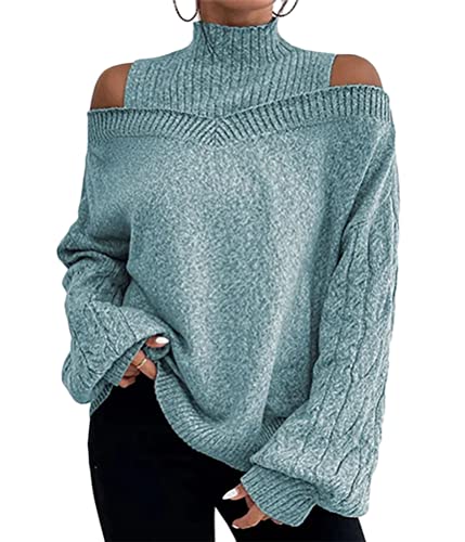 Tomwell Damen Strickwaren Halber Rollkragenpullover mit Laternenärmeln Gestreifter Strickpullover Lockerer Lässiger Strickpullover Damen Pullover B Hellblau M von Tomwell