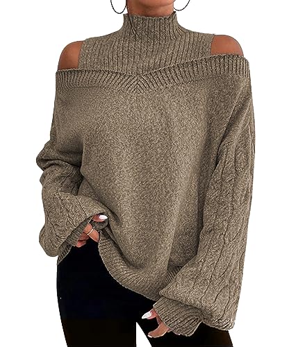 Tomwell Damen Strickwaren Halber Rollkragenpullover mit Laternenärmeln Gestreifter Strickpullover Lockerer Lässiger Strickpullover Damen Pullover B Khaki M von Tomwell