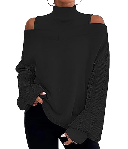 Tomwell Damen Strickwaren Halber Rollkragenpullover mit Laternenärmeln Gestreifter Strickpullover Lockerer Lässiger Strickpullover Damen Pullover E Schwarz M von Tomwell