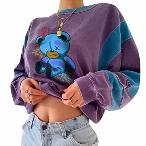 Tomwell Damen Sweatshirt Buchstaben Druck Langarm Rundhals Pullover Bauchfrei Warm Pulli Oversized Casual Bequem Teenager Mädchen Hoodie Sportbekleidung A Blau S von Tomwell