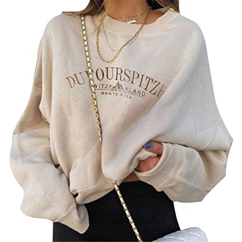 Tomwell Damen Sweatshirt Buchstaben Druck Langarm Rundhals Pullover Warm Pulli Oversized Casual Bequem Teenager Mädchen Hoodie Sportbekleidung J Beige L von Tomwell