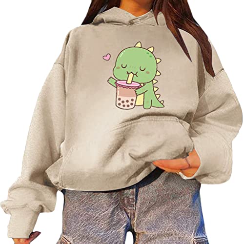 Tomwell Damen Sweatshirt mit Dinosaurier Muster Langarm Kapuzenpullover Warm Rundhals Pulli Oversized Hoodie Casual Bequem Vintage Pullover Teenager Mädchen Sportbekleidung A Beige S von Tomwell