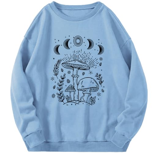 Tomwell Damen Sweatshirt ohne Kapuze Oversized Vintage Pullover Briefe Drucken Langarm Retro Lockerer Langarmshirt Teenager Mädchen Herbst Winter Pulli G Blau S von Tomwell